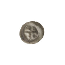Denarius bracteate, one-sided coin featuring a Latin cross with slightly widening arm tips; on both