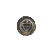 Denarius (bracteate), one-sided coin depicting a triangular shield with a cross whose arms reach