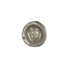 Denarius - bracteate; one-sided coin depicting a triangular shield with a cross whose arms reach