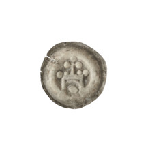 Denarius - bracteate: gate topped with a cross with a sphere at the end of its arms; one sphere at