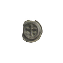 Denarius (bracteate), one-sided coin; depicts a Latin cross with slightly widening arm ends, with