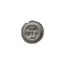 Denarius bracteate, rectangle-D (iconographic); one-sided silver coin featuring a rectangular