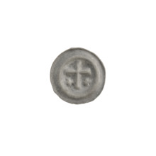 Denarius (bracteate); one-sided coin depicting a Latin cross with slightly widening arm ends; on