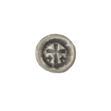 Denarius bracteate featuring a Latin cross with slightly widening arm tips; on each side of its