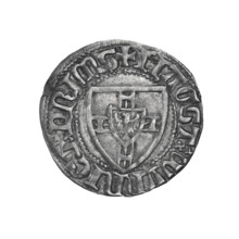 Teutonic szelag, Winrych von Kniprode (Grand Master; 1351–1382). Obverse: monastic shield of the