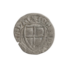 Teutonic szelag, Michal Küchmeister (Grand Master; 1414–1422). Obverse: monastic shield of the