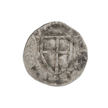 Teutonic szelag, Ulrich von Jungingen (Grand Master, 1407–1410). Obverse: monastic shield of the