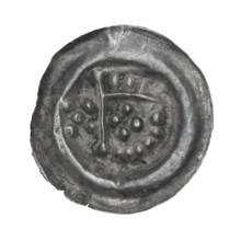 Denarius - bracteate, one-sided coin depicting a hand holding a pennant (iconographic). In the coin