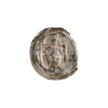 Denarius bracteate, R6 (rarity). One-sided coin depicting a standing knight with pennant, cross,