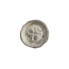 Denarius (bracteate), one-sided coin depicting an isosceles cross with widening arms; in one angle