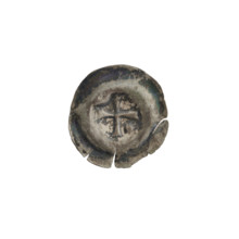 Denarius bracteate with an isosceles cross with expanding, split arms; in one angle between the