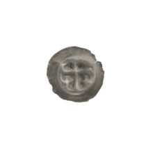 denarius - bracteate, Latin cross with slightly widening arm ends; on each side of its longer arm,