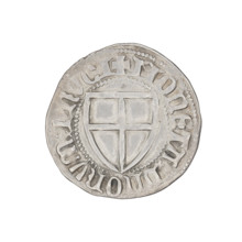 Teutonic szelag, Konrad Zöllner von Rothenstein (Grand Master; 1382–1390). Obverse: Teutonic shield