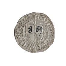 Teutonic szelag, Konrad von Erlichshausen (Grand Master; 1441–1449). Obverse: monastic shield of