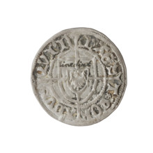 Teutonic szelag, Konrad von Erlichshausen (Grand Master; 1441–1449). Obverse: monastic shield of