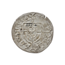 Teutonic szelag, Konrad von Erlichshausen (Grand Master; 1441–1449). Obverse: monastic shield of
