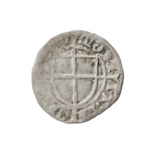Teutonic szelag, Konrad von Erlichshausen (Grand Master; 1441–1449). Obverse: monastic shield of