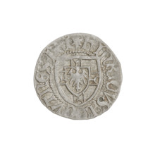 Teutonic szelag, Henryk Reuss von Plauen (Grand Master; 1467–1469). Obverse: monastic shield of the