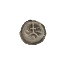 Denarius (bracteate), one-sided coin depicting a cross with widening arms supported by an arch;