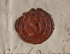 Round wax impression of the seal of Dobra. On the decorative cartouche, the end. Inscription around