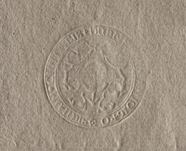 Round seal impression of the town of Dubno, Volhynian Voivodeship. Among stylized plants, the coat