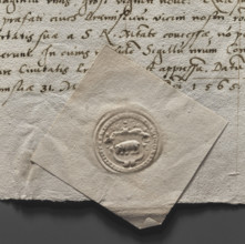 Round seal impression of the town of Przemysl, Ruthenian Voivodeship. In a decorative cartouche a