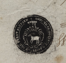 Round ink print of the seal of the town of Sleszyn. In a baroque cartouche, under an open crown