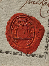 Oval wax impression of the signet seal of Colonel de Pouppart. Under the nine-baton count's crown