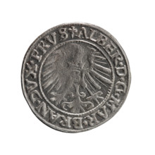 grosz, Schilling, Maciej. Albrecht Hohenzollern (Prince of Prussia; 1490–1568) — iconography:
