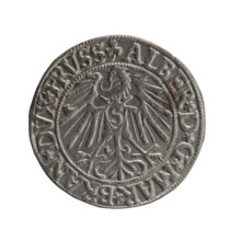 grosz, Schilling, Maciej, Albrecht Hohenzollern (Prince of Prussia; 1490–1568) — iconography: