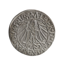 grosz, Schilling, Maciej, Albrecht Hohenzollern (Prince of Prussia; 1490–1568) - iconography,