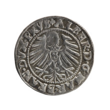 grosz, Schilling, Maciej; obverse: Prussian eagle with crowned letter S on its chest; rim