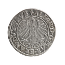 grosz, Schilling, Maciej, Albrecht Hohenzollern (Prince of Prussia; 1490–1568) - iconography,