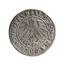 grosz, Schilling, Maciej, Albrecht Hohenzollern (Prince of Prussia; 1490–1568) — iconography: