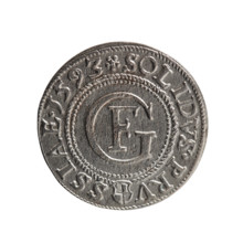 szelag (Gulden) by Pawel Gulden; Jerzy Fryderyk (Duke of Karniów; 1539–1603). Obverse: in a beaded
