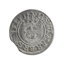 One and a half (coin). Obverse: royal orb with a cross whose arms terminate in finials; lower part