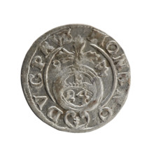 One-and-a-half coin (1624) by Ernest Pfahler. Obverse: under a ducal mitre, a five-field coat of