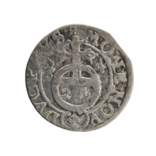 One-and-a-half coin by Ernest Pfahler. Obverse: under a ducal mitre, a five-field heraldic shield