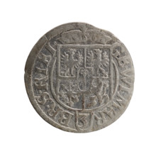 One-and-a-half coin. Obverse: under a ducal mitre, a five-field heraldic shield with the value
