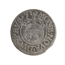 One-and-a-half coin. Obverse: under a ducal mitre, a five-field heraldic shield; below in the