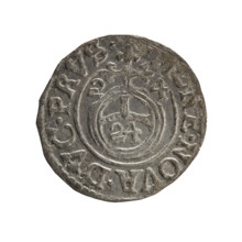 One-and-a-half groschen; maker: Ernest Pfahler. Obverse: under ducal mitre, five-field coat of arms