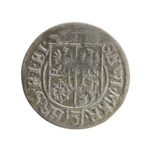 One-and-a-half coin (1624). Obverse: under a ducal mitre, five-field heraldic shield with the value