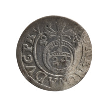 One-and-a-half coin (1624) — obverse: under a ducal mitre a five-field coat of arms with value