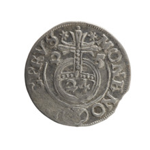 One-and-a-half (3/2) coin, Ernest Pfahler. Obverse: under ducal mitre, five-field heraldic shield