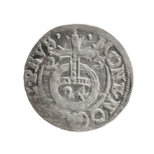 One-and-a-half (3 pfennige?). Pfahler, Ernest. Cross (iconographic), orb of rule (iconographic).