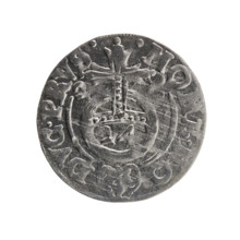 One and a half (value). Obverse: Under the ducal mitre, a five-field heraldic shield with the value
