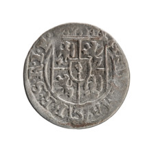 One-and-a-half coin (obverse and reverse), maker: Ernest Pfahler. Obverse: under a ducal mitre a
