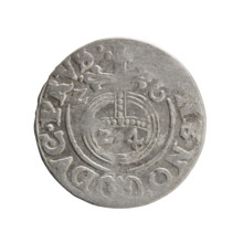 One-and-a-half coin (1626). Maker: Ernest Pfahler. Obverse: Under a ducal mitre, a five-field