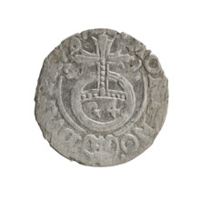 One-and-a-half; maker: Ernest Pfahler; material: coin; date: 1626. Obverse: under the ducal mitre,