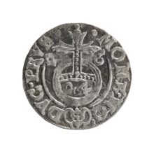 One and a half; maker: Ernest Pfahler. Obverse: Under the ducal mitre, a five-field heraldic shield